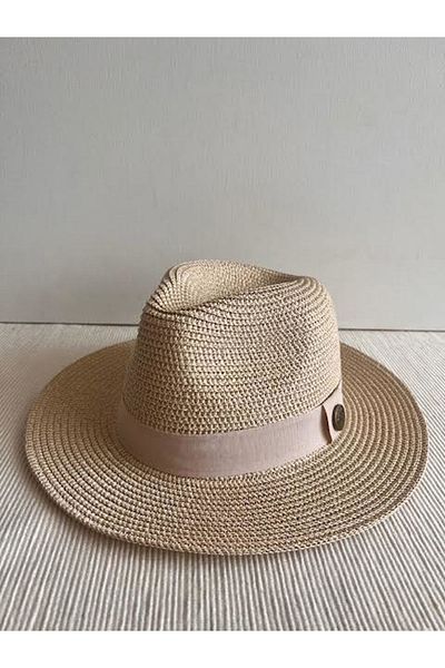 CosmoOutlet Beige Colored Adjustable Hat with Shiny Glitter Detail - Beach Panama
