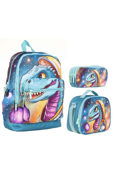 KAUKKO Turquoise Dinosaur Triple School Bag Set for Boy