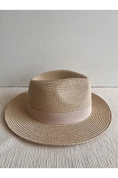 CosmoOutlet Μπεζ Χρώμα Γυαλιστερό Glitter Λεπτομερές ρυθμιζόμενο καπέλο - Beach Panama