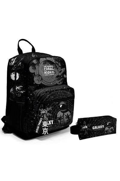 Coral High Set rucsac cu patru compartimente Galaxy negru și suport pentru stilou pentru băiat