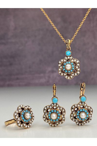tasarımhikayecisi Mardin's Pearl and Turquoise Stone Floral Blue Set Special for Mom