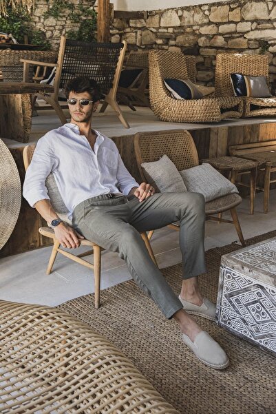 - Olive Yeşil Keten Pantolon Erkek Relaxed Fit - Rf Collection