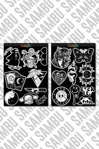 Sambu Design مجموعة ملصقات ذات طابع جمالي أبيض وأسود 1 - ملصق أبيض وأسود - هاتف الكمبيوتر المحمول