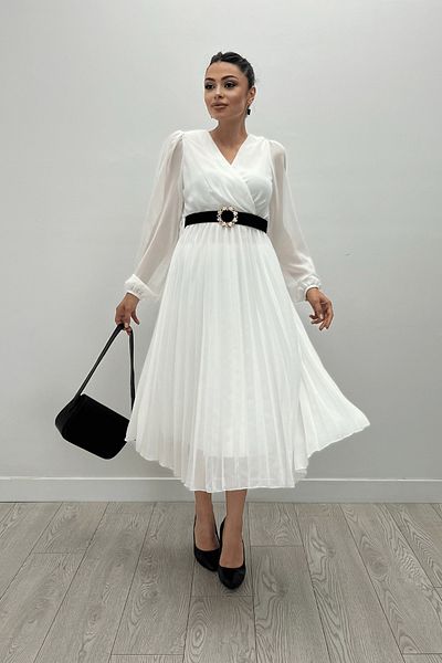 giyimmasalı White Chiffon Fabric - Double Breasted Collar and Pleated Detail Dress