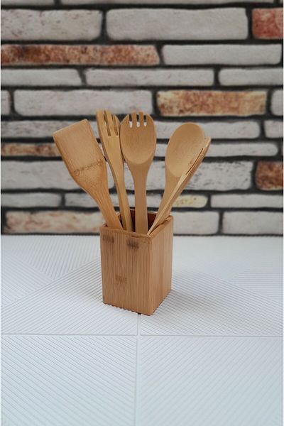 umut züccaciye 6 Piece Bamboo Cleaning Set - Easy Wooden Spoon and Spatula with Bamboo Stand