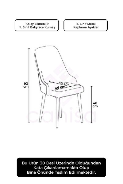 Canisa Krax Serisi, 1.sınıf Babyface Kumaş Mutfak Sandalye, Gümüş Metal Ayak, 6 Adet Gri Sandalye