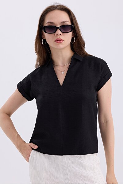 MD trend V-Neck Short Sleeve Linen Women's Shirt - Double Sleeve Basic Model