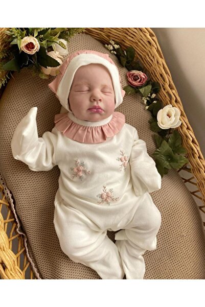 Mama Miel Baby Pembe Ekru Demet Çiçekli Yenidoğan Tulum ve Şapkası