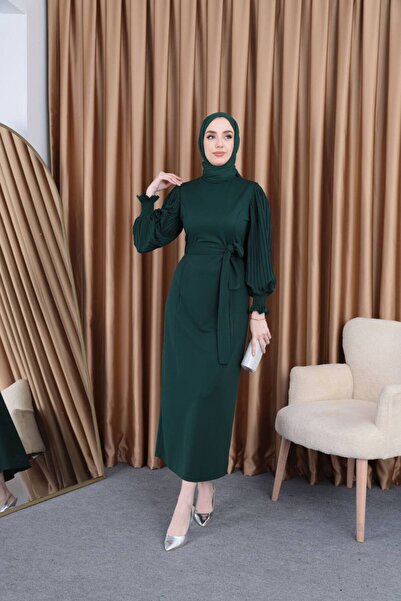 BestShopping Kolu Piliseli Elbise Zümrüt