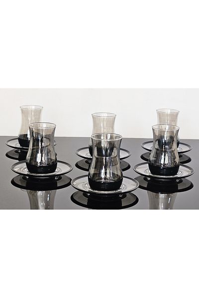 atabey home collection طقم شاي إيفا أسود مدخن زجاجي مكون من 12 قطعة - طقم أكواب شاي