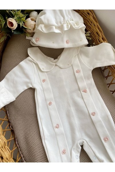 Mama Miel Baby Pink Pearl Floral Jumpsuit and Hat
