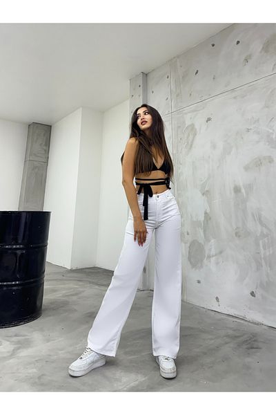 BİKELİFE Weiße, flexible Lycra-Palazzo-Hose mit weitem Bein und hoher Taille für Damen