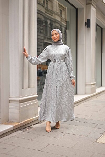 shalby Anya Hijab Jacquard Cotton Long Dress Gray
