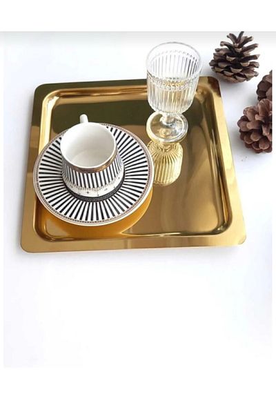 stilsenin34 Trend 6-Piece Luxury Square Stainless Steel Gold Color 21X21Cm Coffee Serving Presentation Tray & Platter