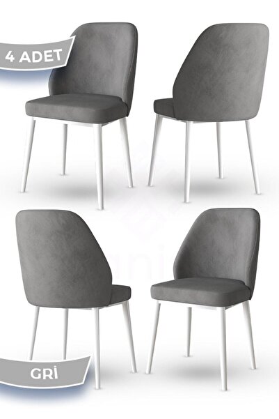 Canisa Tura Serisi 4 Adet Gri Yemek Odası Sandalyesi Metal Beyaz Ayaklı 1. Sı...