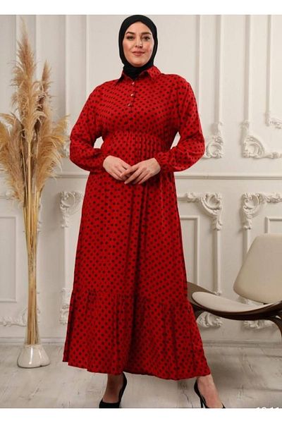 AKŞEN GİYİM Plus Size Black Polka Dot Hijab Dress with Ruffled Skirt and Buttons