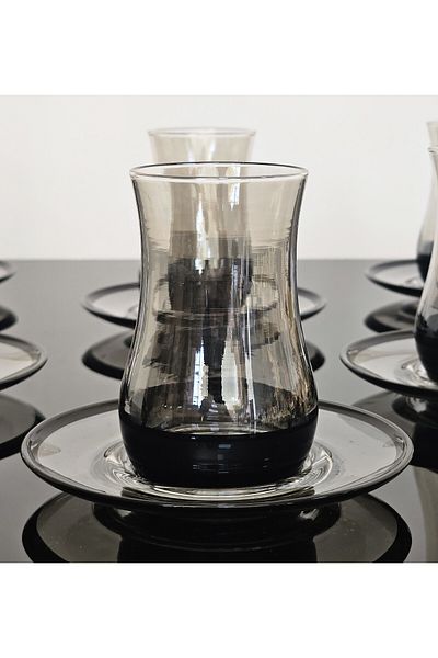 atabey home collection طقم شاي إيفا أسود مدخن زجاجي مكون من 12 قطعة - طقم أكواب شاي