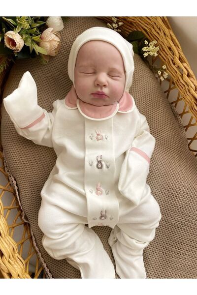 Mama Miel Baby بذلة وقبعة أرنب مطرزة يدويًا للفتيات