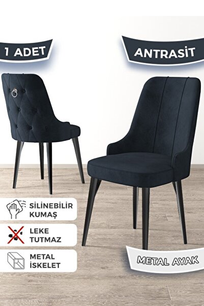 Canisa Newa Serisi, 1.sınıf Babyface Kumaş Siyah Metal Ayak Gümüş Halka, 4 Adet Antrasit Sandalye