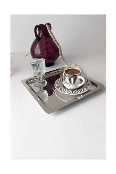 stilsenin34 Abant Brand Set of 2 Luxury Square Stainless Steel Silver Color 21X21Cm Coffee Serving Presentation Tray