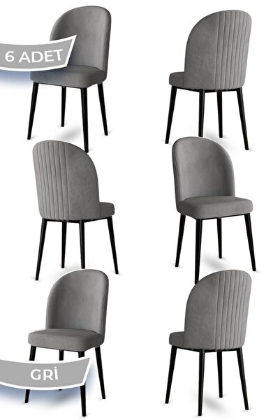 Canisa Aste Serisi 6 Adet Gri Mutfak Sandalyesi Metal Siyah Iskeletli 1. Sını...