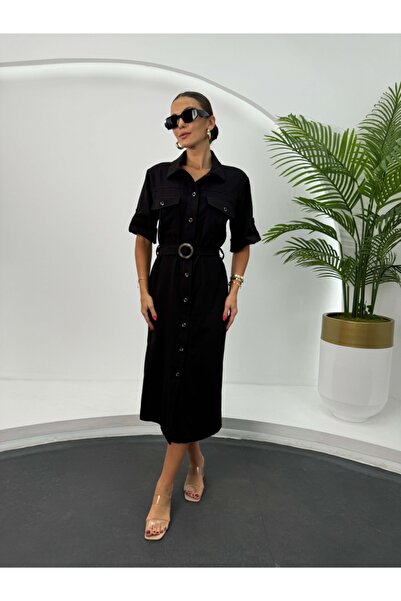 Elif Özbey Butik Φόρεμα Gabardine - Μαύρο, με κουμπιά και ζώνη στον λαιμό