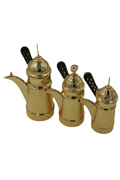 ANTEPSEPETİ Yellow Copper Forged Embroidered 3-Piece Mirra Coffee Pot Set