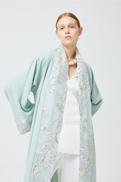 Nuum Design Brocade Garnished Abaya Mint Green & Shawl