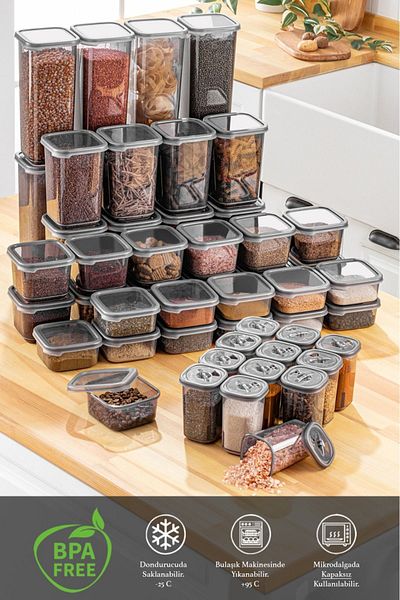 Meleni Home طقم ميجا مكون من 52 قطعة من حاوية تخزين الطعام والبقوليات المربعة 12x(300 مل 500 مل) 8x(1100 مل 1700 مل)