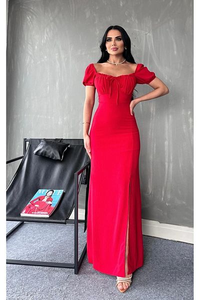 my bestt butik Long Aerobin Evening Dress - Dress with Draped Chest and Slit