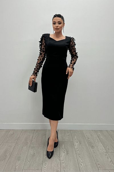 giyimmasalı Double Fabric Sleeves 3D Floral Pencil Dress - Black