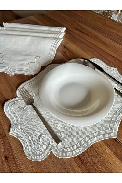 NURHAN HOME COLLECTION 6 Pieces Curly Model Ecru Embroidered American Service Plate