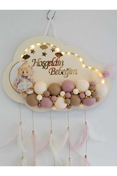 HaliseDerin Kapı Süsü Ledli Bubble Ayıcıklı Ahşap Bulut Pano