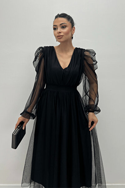 giyimmasalı Tül Kumaş V Yaka Midi Detaylı Elbise - SİYAH
