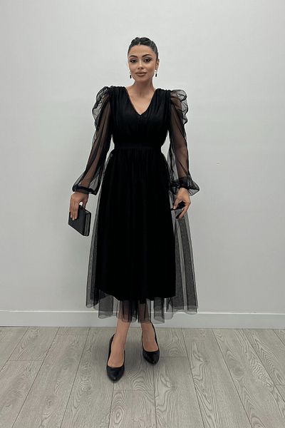 giyimmasalı Tulle Fabric V-Neck Midi Detailed Dress - BLACK
