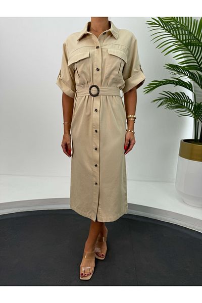 Elif Özbey Butik Φόρεμα Gabardine - Κουμπί και ζώνη με λεπτομερή πέτρα στον λαιμό