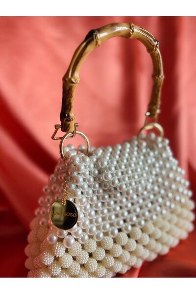 Luminoso Ahşap Askılı Böğürtlen Incili Boncuk Çanta Krem
