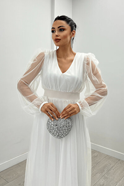 giyimmasalı Tül Kumaş V Yaka Midi Detaylı Elbise - BEYAZ