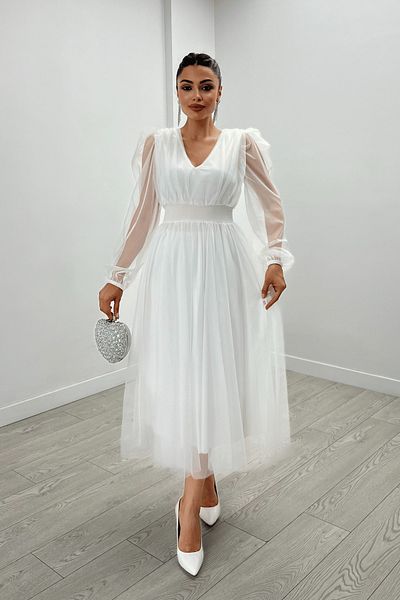 giyimmasalı Rochie Midi cu Decolteu în V din tul - ALB