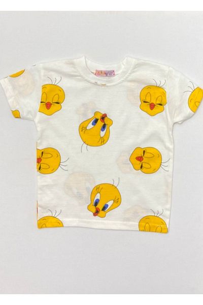 Butik Tweety Printed Girl's Cotton Pajama Set - Crew Neck and Elastic Waist Shorts