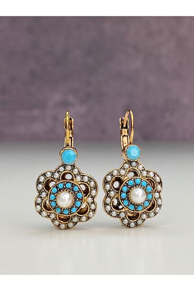 tasarımhikayecisi Mardin's Flowering Blue Earrings with Pearl and Turquoise Stones
