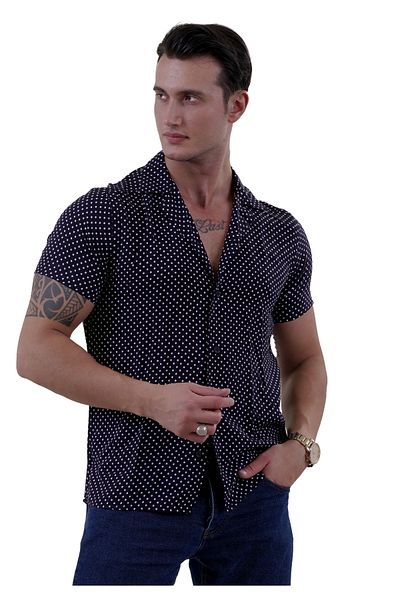 Exve Exclusive Oversize Relaxed Short Sleeve Loose Shirt with White Polka Dot Print on Navy Blue