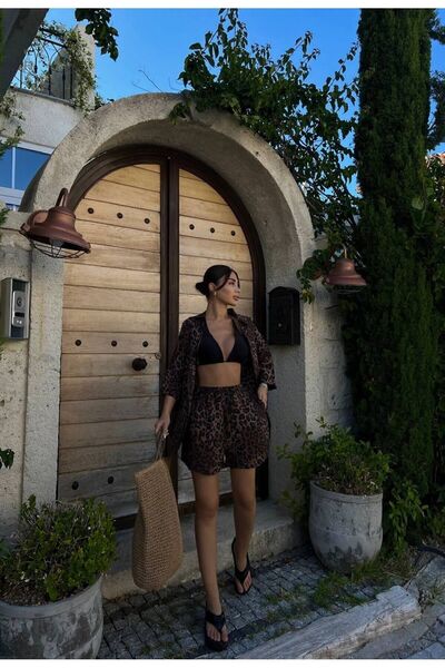 LB Laluna Butik Women's Leopard Print Oversize Shirt Shorts Set