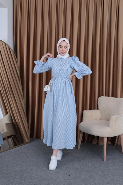 Swana Blue Seersucker Dress - Shoulder Detail