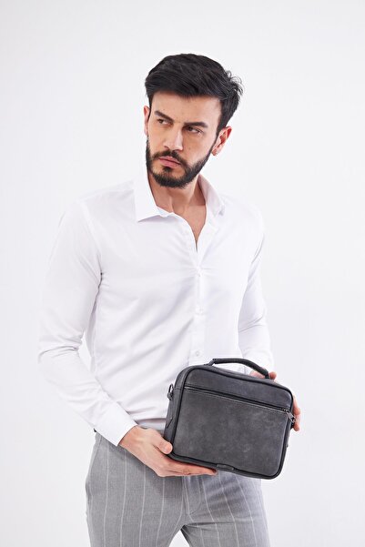 DERİNSS DEB5119 Men's Gray Genuine Leather Hand and Shoulder Bag - Shadow Design