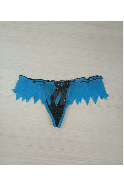 Nana & Mayka Moda Asymmetrical Stone Age Stone Bow Blue Women's String Thong Fantasy Panties S-M-L Standard