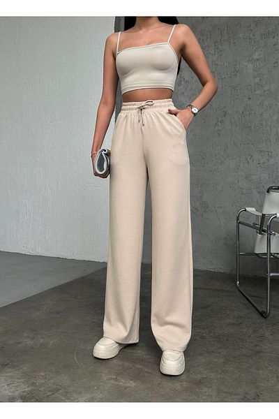 Babelook Ψηλόμεσο κορδόνι μπεζ Palazzo Sweatpants - Φαρδύ πόδι Modal ύφασμα