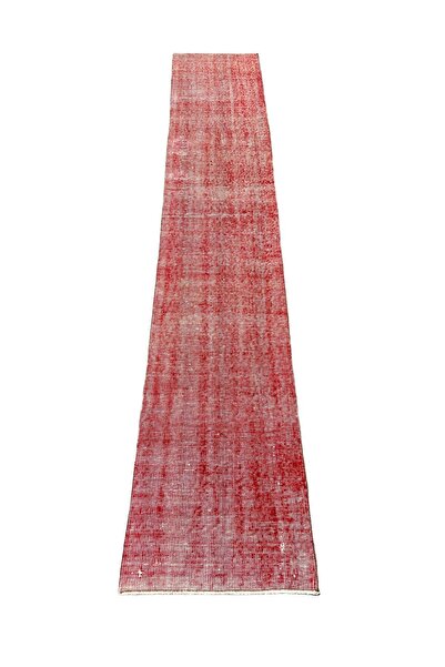 BURAK HALI El Dokuma Vintage Kırmızı Yolluk 55x300 Düz Renk Eskitme %100 Yün ...