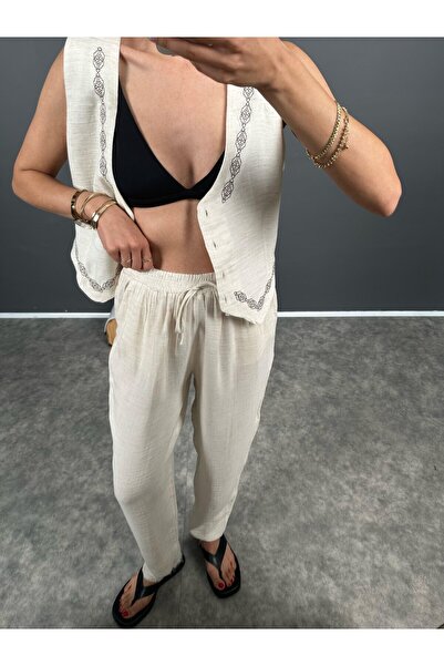 Le Savu Beige Premium Muslin Trousers - Fringed Leg