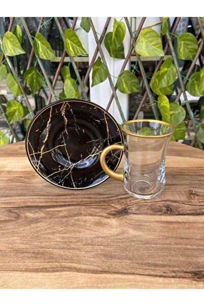 GÜRCÜGLASS SİYAH MERMER ÇAY SETİ KUPLU 12 PRÇ